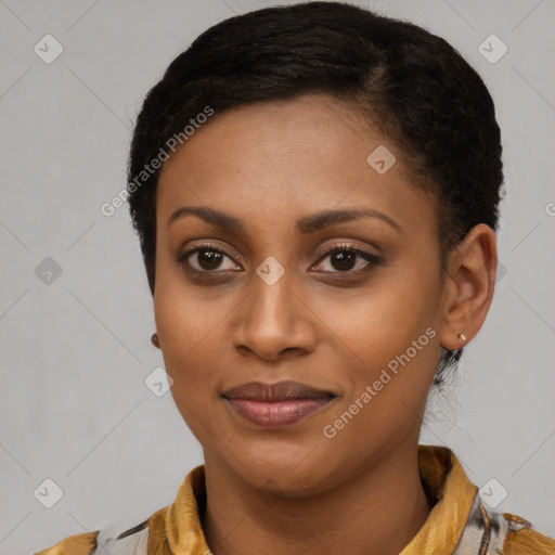 Joyful latino young-adult female with short  black hair and brown eyes