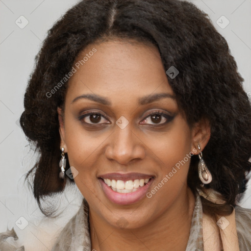 Joyful black young-adult female with medium  brown hair and brown eyes