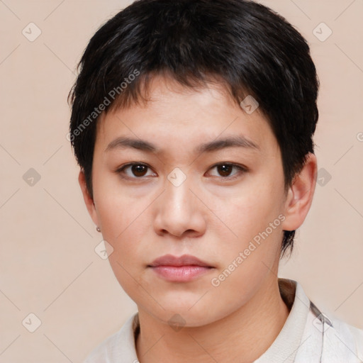 Neutral asian young-adult female with short  brown hair and brown eyes