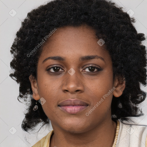 Neutral black young-adult female with short  black hair and brown eyes