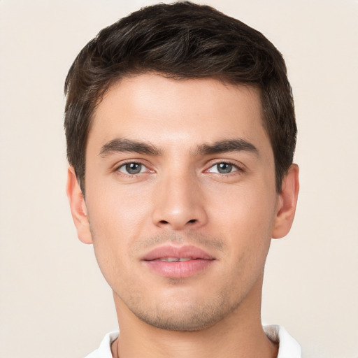 Neutral white young-adult male with short  brown hair and brown eyes