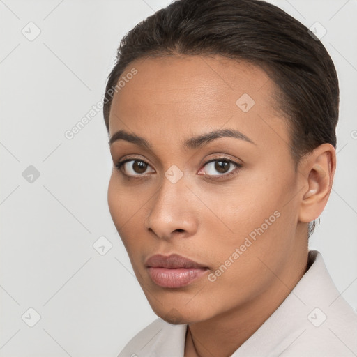 Neutral white young-adult female with short  brown hair and brown eyes