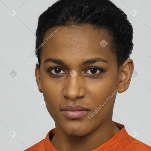 Neutral black young-adult female with short  brown hair and brown eyes
