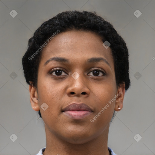 Neutral black young-adult female with short  brown hair and brown eyes