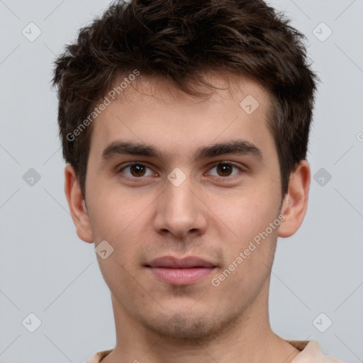 Neutral white young-adult male with short  brown hair and brown eyes