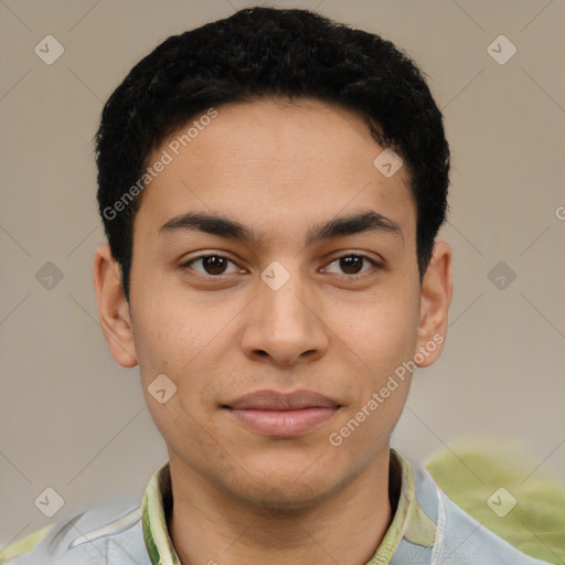 Joyful latino young-adult male with short  black hair and brown eyes