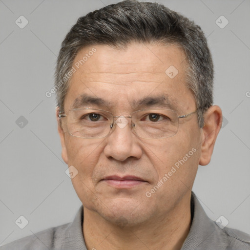 Joyful white middle-aged male with short  brown hair and brown eyes