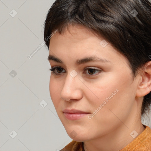 Neutral white young-adult female with medium  brown hair and brown eyes