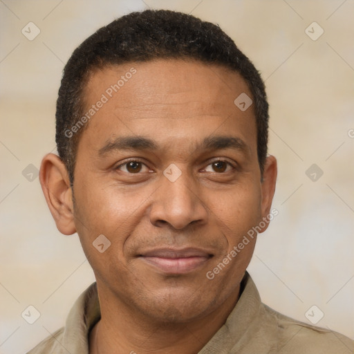 Joyful latino young-adult male with short  brown hair and brown eyes