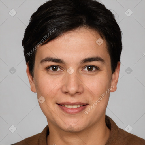 Joyful white young-adult female with short  brown hair and brown eyes