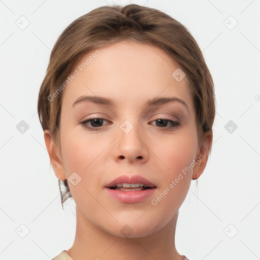 Neutral white young-adult female with medium  brown hair and brown eyes