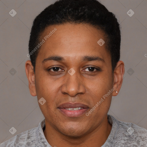 Joyful latino adult male with short  black hair and brown eyes