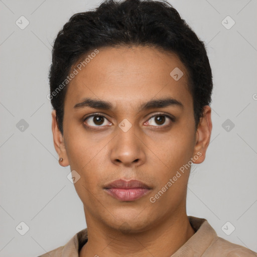 Neutral latino young-adult male with short  black hair and brown eyes