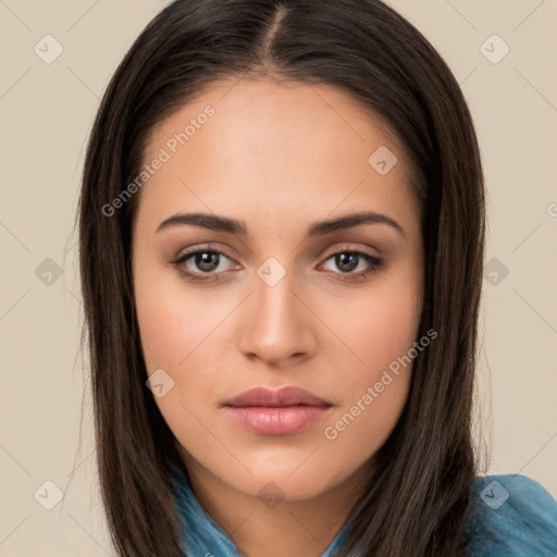 Neutral white young-adult female with long  brown hair and brown eyes