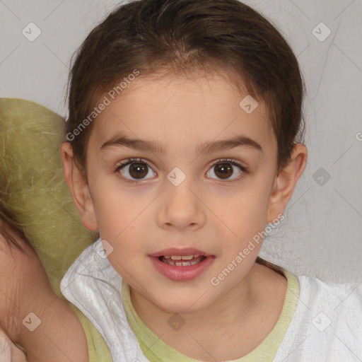 Joyful white child female with medium  brown hair and brown eyes