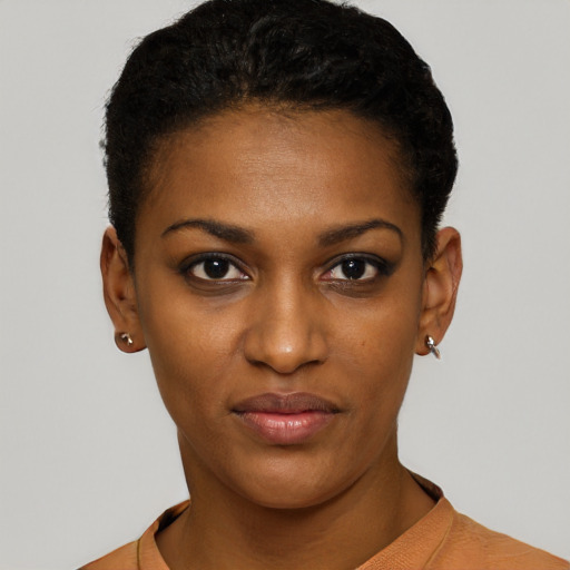 Neutral black young-adult female with short  black hair and brown eyes