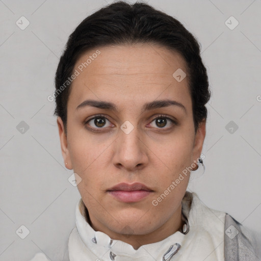 Neutral white young-adult female with short  brown hair and brown eyes