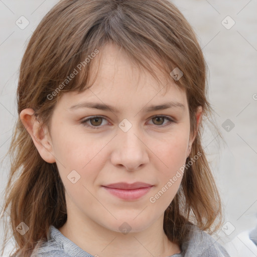 Joyful white child female with medium  brown hair and grey eyes