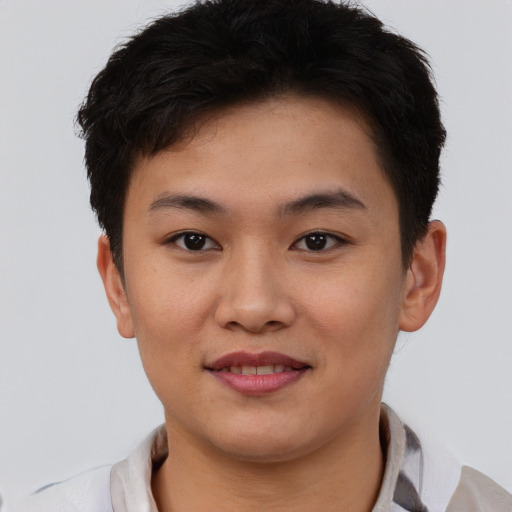 Joyful asian young-adult female with short  brown hair and brown eyes