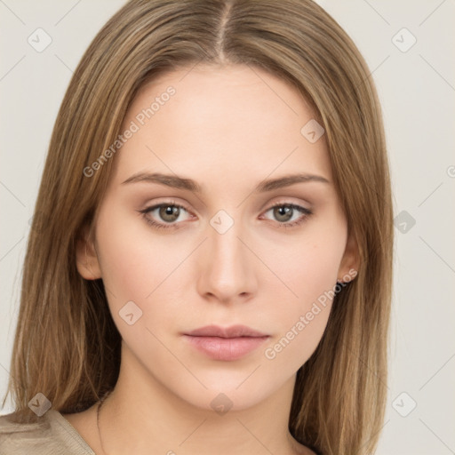 Neutral white young-adult female with long  brown hair and green eyes