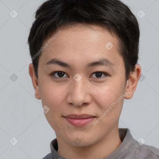 Joyful asian young-adult female with short  brown hair and brown eyes