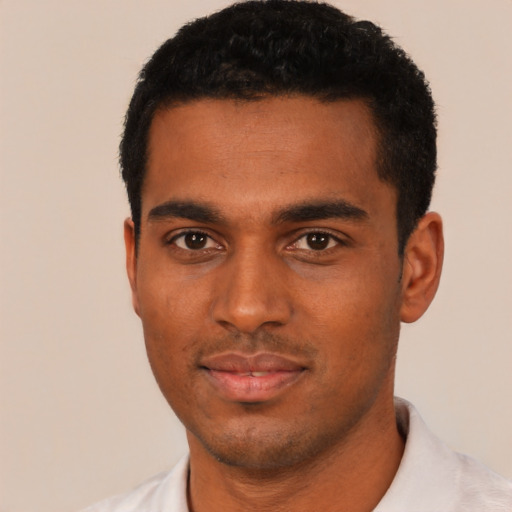 Neutral black young-adult male with short  black hair and brown eyes