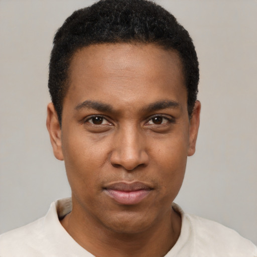 Neutral black young-adult male with short  black hair and brown eyes
