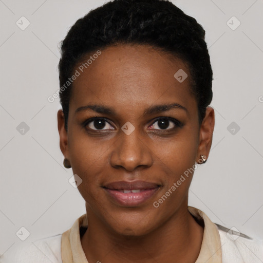 Joyful black young-adult female with short  black hair and brown eyes