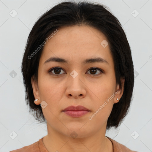 Neutral asian young-adult female with medium  brown hair and brown eyes