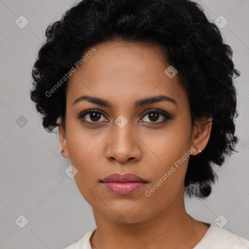 Neutral latino young-adult female with short  black hair and brown eyes