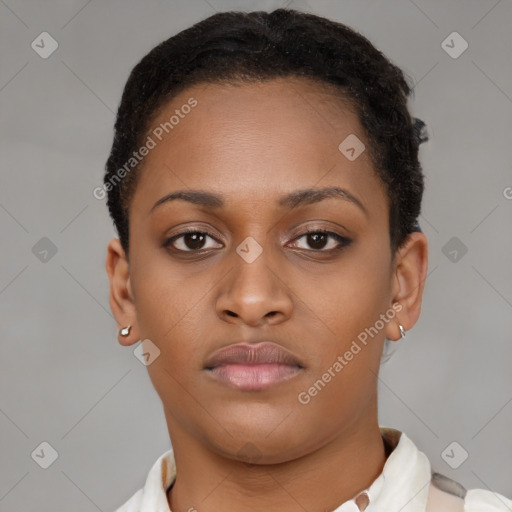 Neutral black young-adult female with short  brown hair and brown eyes