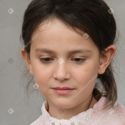 Joyful white child female with medium  brown hair and brown eyes