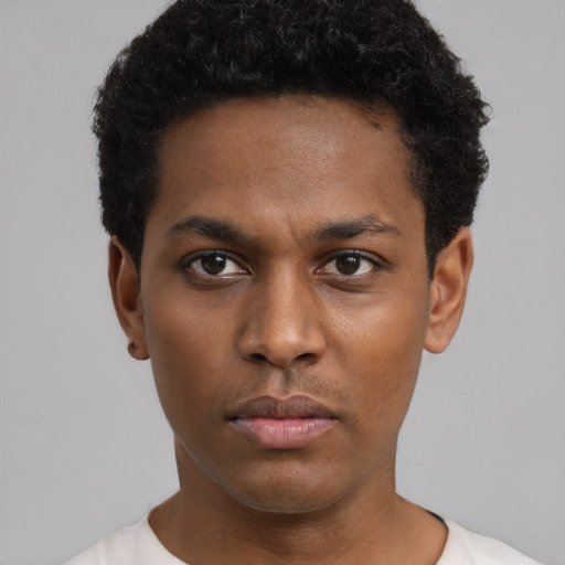 Neutral black young-adult male with short  black hair and brown eyes
