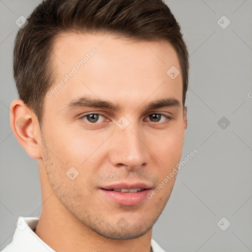 Neutral white young-adult male with short  brown hair and brown eyes