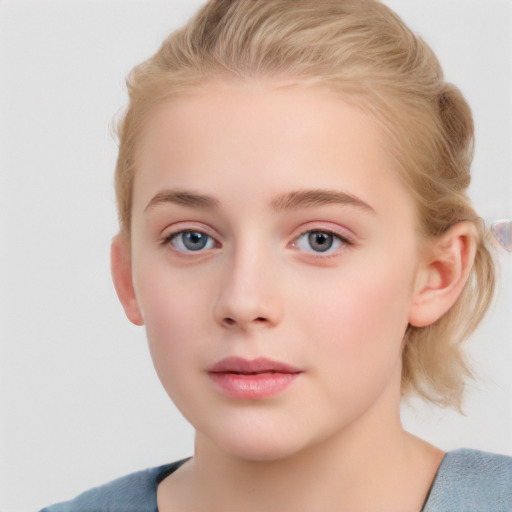 Neutral white child female with medium  brown hair and blue eyes