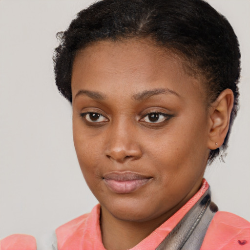 Joyful black young-adult female with short  brown hair and brown eyes
