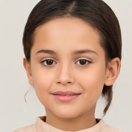 Joyful white child female with medium  brown hair and brown eyes