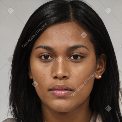 Neutral asian young-adult female with long  brown hair and brown eyes