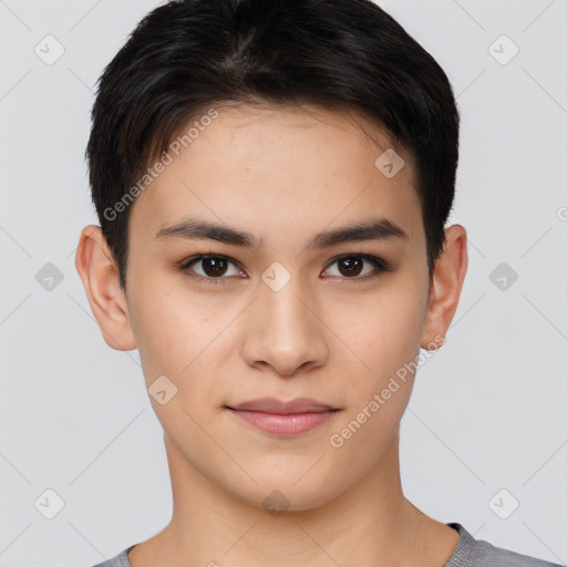 Joyful white young-adult female with short  brown hair and brown eyes