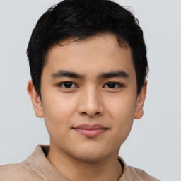 Neutral asian young-adult male with short  black hair and brown eyes