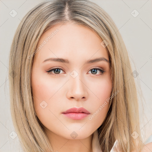 Neutral white young-adult female with long  brown hair and brown eyes