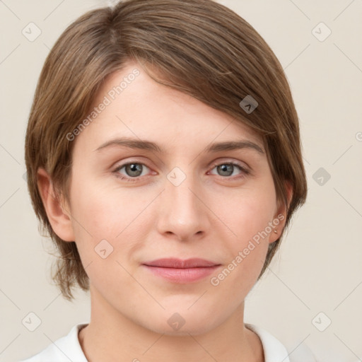 Joyful white young-adult female with medium  brown hair and grey eyes