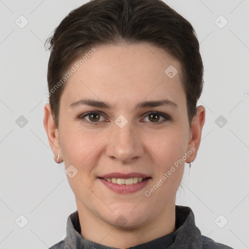 Joyful white young-adult female with short  brown hair and brown eyes