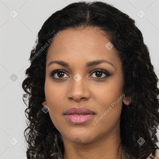 Joyful latino young-adult female with long  black hair and brown eyes