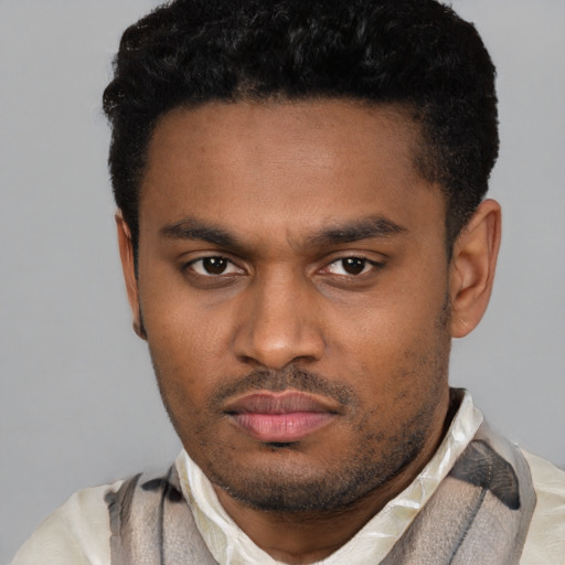 Neutral latino young-adult male with short  black hair and brown eyes