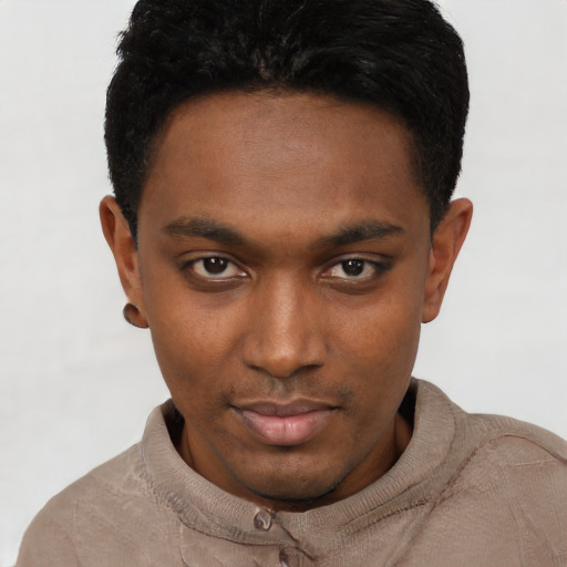 Neutral black young-adult male with short  black hair and brown eyes