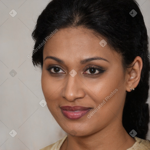 Joyful latino young-adult female with long  brown hair and brown eyes