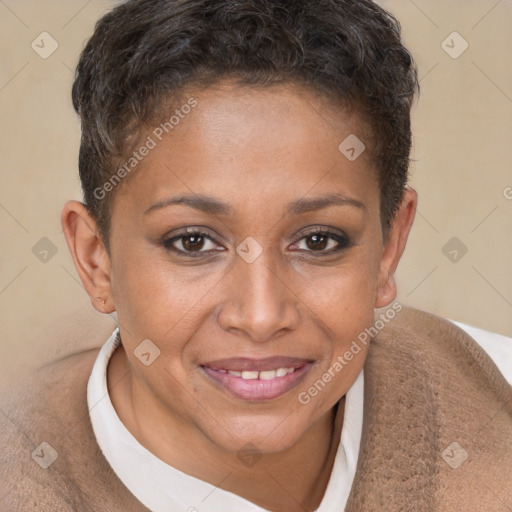 Joyful black young-adult female with short  brown hair and brown eyes