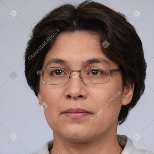 Joyful white adult female with short  brown hair and brown eyes