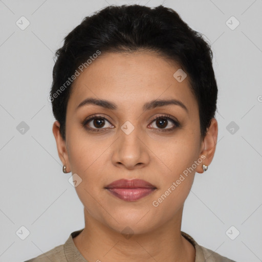 Joyful latino young-adult female with short  black hair and brown eyes